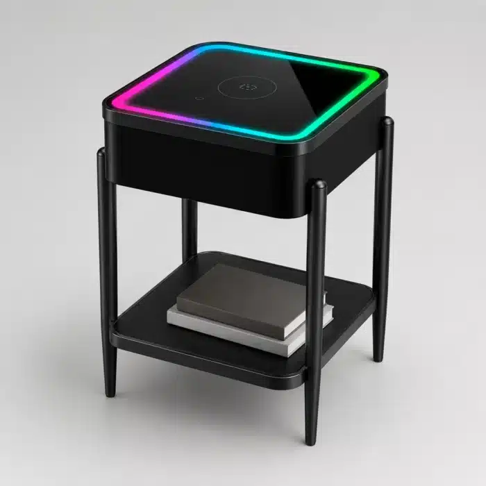 Măsuță Smart QMS-8 Neagră cu Boxă Bluetooth 65W, Subwoofer, Încărcare Wireless, USB-C, TWS și LED RGB - imagine 11