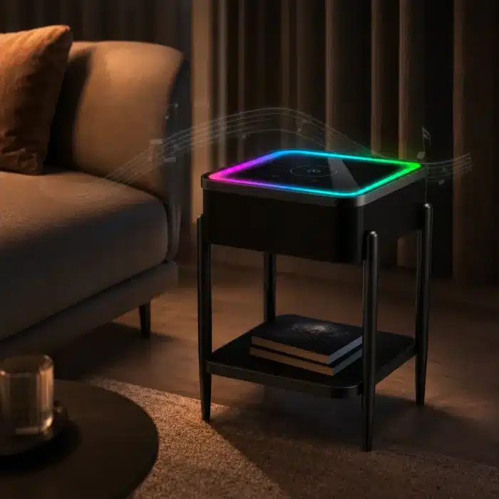 Măsuță Smart QMS-8 Neagră cu Boxă Bluetooth 65W, Subwoofer, Încărcare Wireless, USB-C, TWS și LED RGB - imagine 6