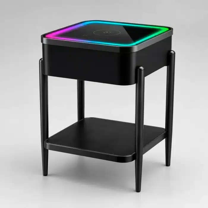 Măsuță Smart QMS-8 Neagră cu Boxă Bluetooth 65W, Subwoofer, Încărcare Wireless, USB-C, TWS și LED RGB - imagine 9