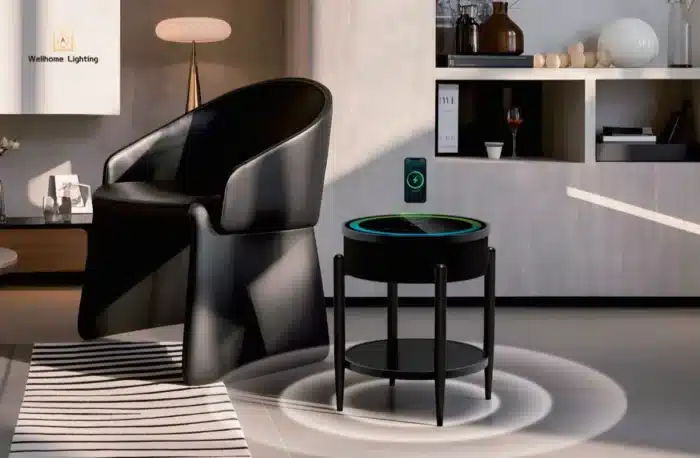 Măsuță Smart QMS-8 Neagră cu Boxă Bluetooth 65W, Subwoofer, Încărcare Wireless, USB-C, TWS și LED RGB - imagine 7