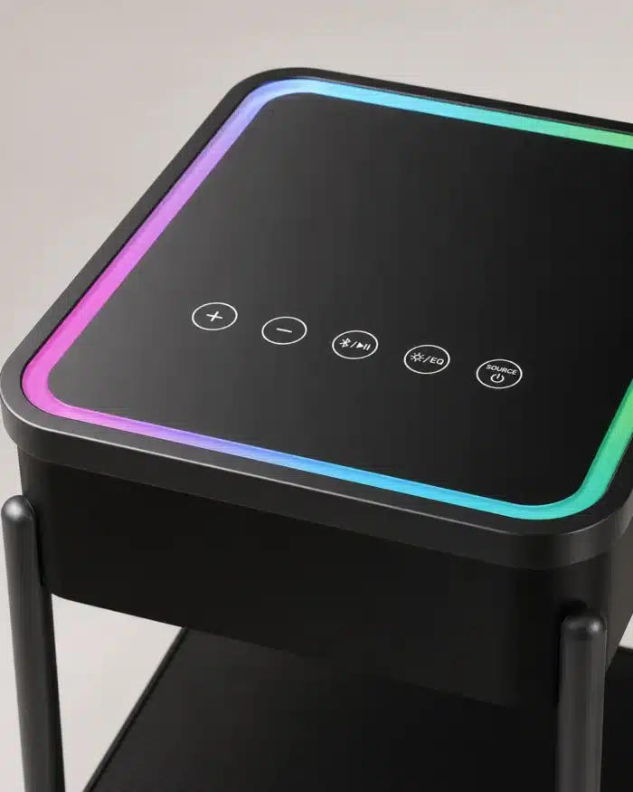 Măsuță Smart QMS-8 Neagră cu Boxă Bluetooth 65W, Subwoofer, Încărcare Wireless, USB-C, TWS și LED RGB - imagine 3