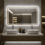 Oglindă LED 100×80 cm cu Ramă Auriu Periat, Model Shark Design, Dezaburire, 3 Tipuri de Lumină, Touch, IP65
