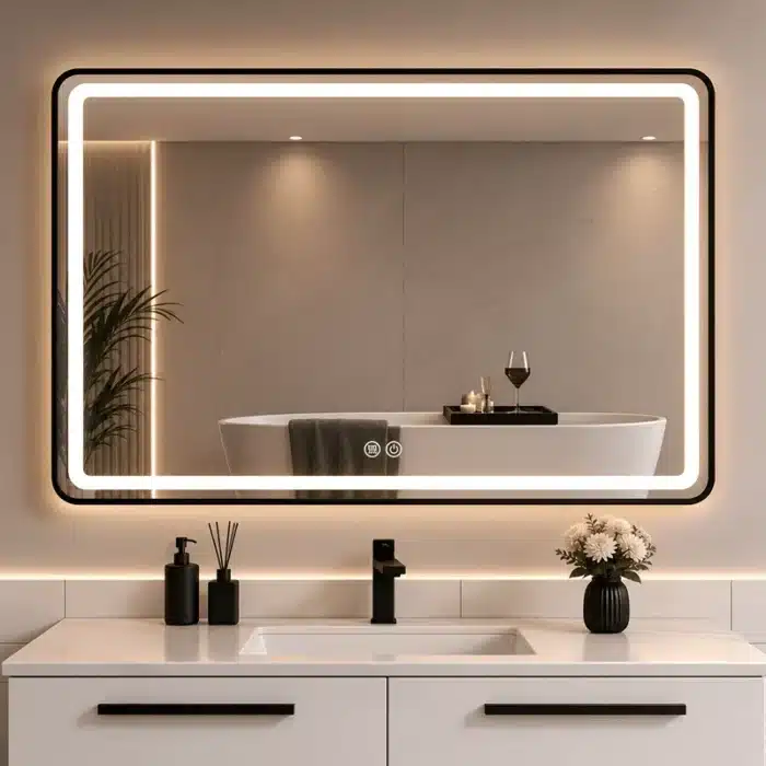 Oglindă LED 100×80 cm cu Ramă Neagră, Shark Design, Iluminare Față + Spate, Dezaburire, Touch, 3 Tipuri de Lumină, IP65 - imagine 2
