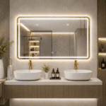 Oglindă LED 110×70 cm cu Ramă Auriu Periat, Model Shark Design, Dezaburire, 3 Tipuri de Lumină, Touch, IP65
