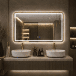 Oglindă LED 120×80 cm cu Ramă Auriu Periat, Model Shark Design, Dezaburire, 3 Tipuri de Lumină, Touch, IP65