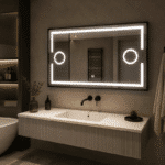Oglindă LED 120×80 cm cu Ramă Neagră, 2 Lupe Cosmetice Iluminate LED, Iluminare Spate, Dezaburire, Touch, 3 Tipuri de Lumină, IP65