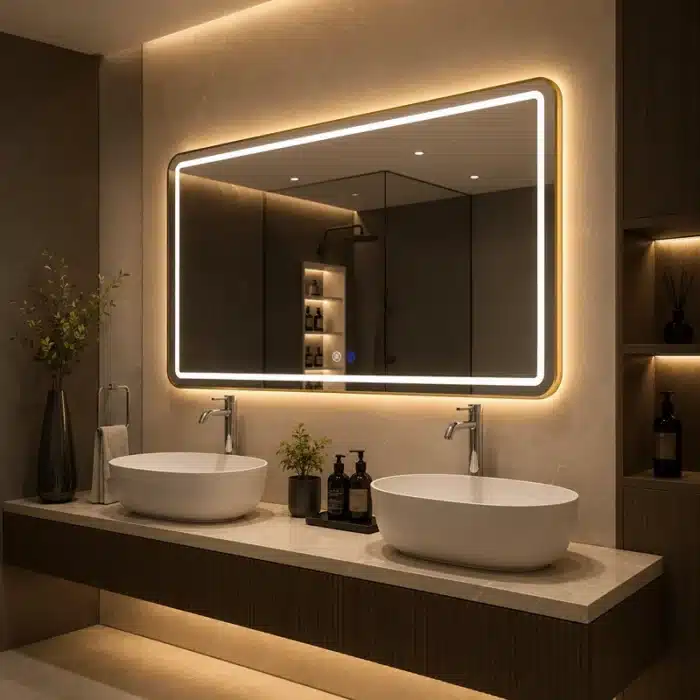 Oglindă LED 100×80 cm cu Ramă Auriu Periat, Model Shark Design, Dezaburire, 3 Tipuri de Lumină, Touch, IP65 - imagine 2