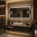 Oglindă LED 160×80 cm cu Ramă Neagră, 2 Lupe Cosmetice Iluminate LED, Iluminare Spate, Dezaburire, Touch, 3 Tipuri de Lumină, IP65