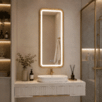 Oglindă LED 50×100 cm cu Ramă Auriu Periat, Shark Design, Iluminare Față + Spate, Dezaburire, Touch, 3 Tipuri de Lumină, IP65 - imagine 2