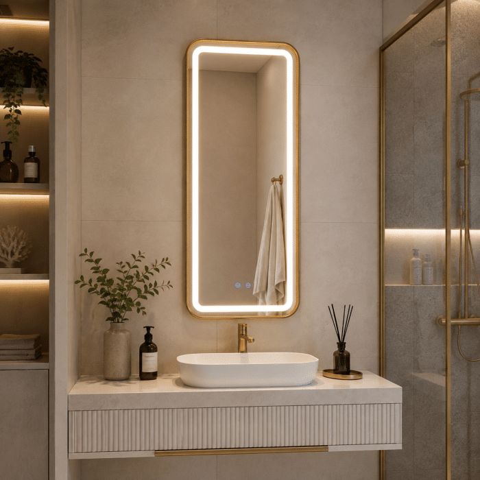 Oglindă LED 50×100 cm cu Ramă Auriu Periat, Shark Design, Iluminare Față + Spate, Dezaburire, Touch, 3 Tipuri de Lumină, IP65 - imagine 2
