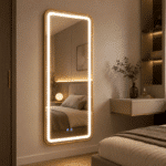 Oglindă LED 50×100 cm cu Ramă Auriu Periat, Shark Design, Iluminare Față + Spate, Dezaburire, Touch, 3 Tipuri de Lumină, IP65