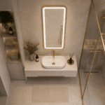 Oglindă LED 50×100 cm cu Ramă Auriu Periat, Shark Design, Iluminare Față + Spate, Dezaburire, Touch, 3 Tipuri de Lumină, IP65 - imagine 3