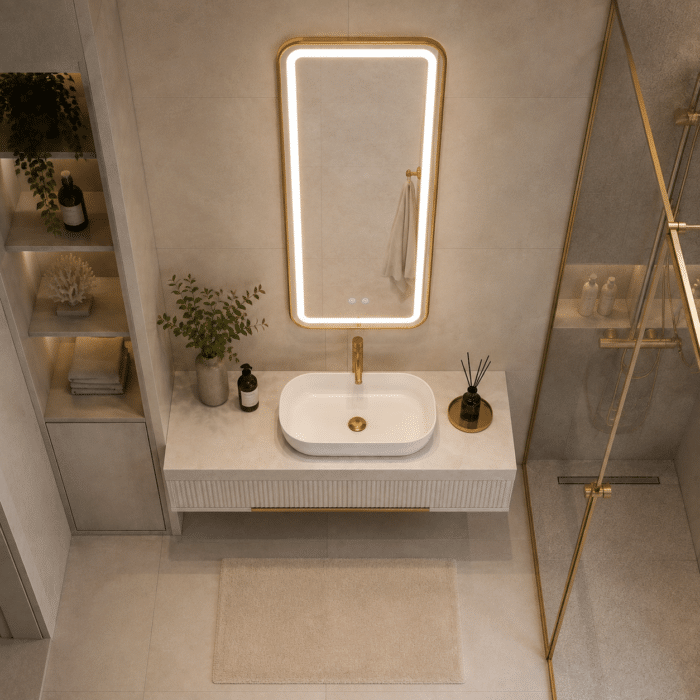 Oglindă LED 50×100 cm cu Ramă Auriu Periat, Shark Design, Iluminare Față + Spate, Dezaburire, Touch, 3 Tipuri de Lumină, IP65 - imagine 3