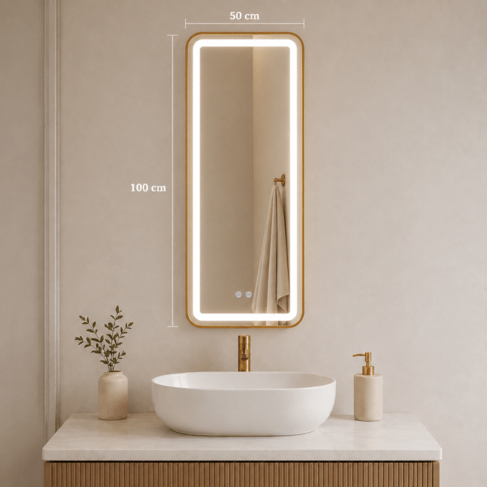 Oglindă LED 50×100 cm cu Ramă Auriu Periat, Shark Design, Iluminare Față + Spate, Dezaburire, Touch, 3 Tipuri de Lumină, IP65 - imagine 6