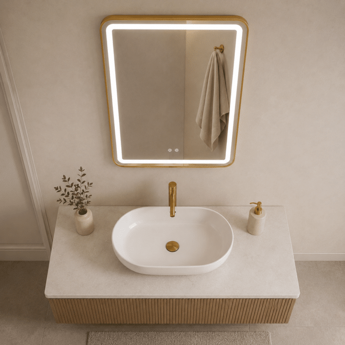 Oglindă LED 50×80 cm cu Ramă Auriu Periat, Shark Design, Iluminare Față + Spate, Dezaburire, Touch, 3 Tipuri de Lumină, IP65 - imagine 2