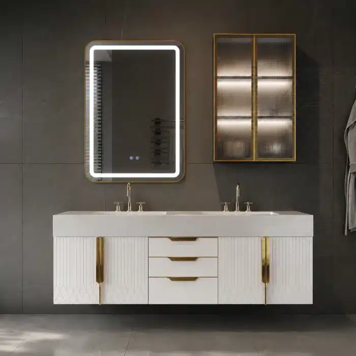 Oglindă LED 50×80 cm cu Ramă Auriu Periat, Shark Design, Iluminare Față + Spate, Dezaburire, Touch, 3 Tipuri de Lumină, IP65 - imagine 5