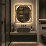 Oglindă LED 70×70 cm cu Ramă Aurie, Shark Design, Iluminare Spate, Dezaburire, Touch, 3 Tipuri de Lumină, IP65
