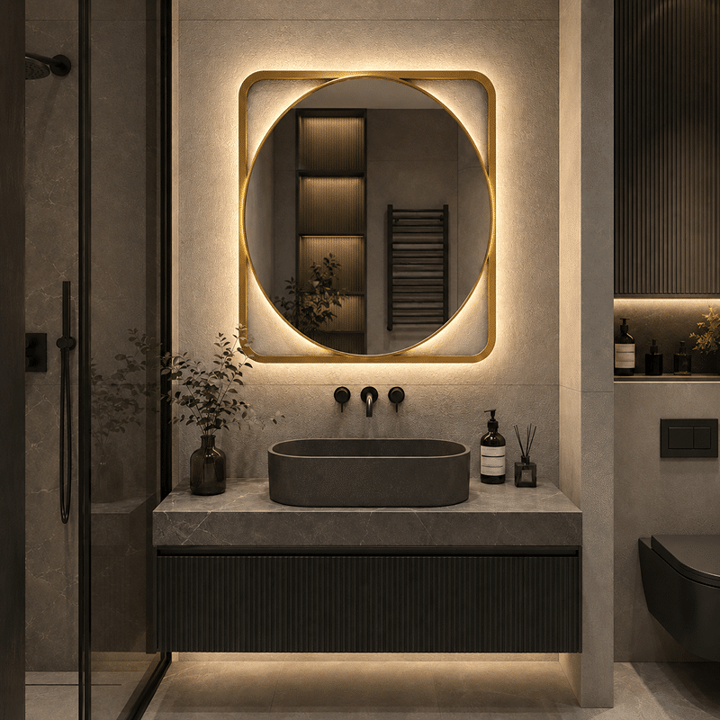 Oglindă LED 70×70 cm cu Ramă Aurie, Shark Design, Iluminare Spate, Dezaburire, Touch, 3 Tipuri de Lumină, IP65 (1) Oglindă LED 70×70 cm cu Ramă Aurie, Shark Design, Iluminare Spate, Dezaburire, Touch, 3 Tipuri de Lumină, IP65 - imagine 1