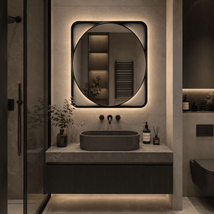 Oglindă LED 70×70 cm cu Ramă Neagra, Shark Design, Iluminare Spate, Dezaburire, Touch, 3 Tipuri de Lumină, IP65 - imagine 6