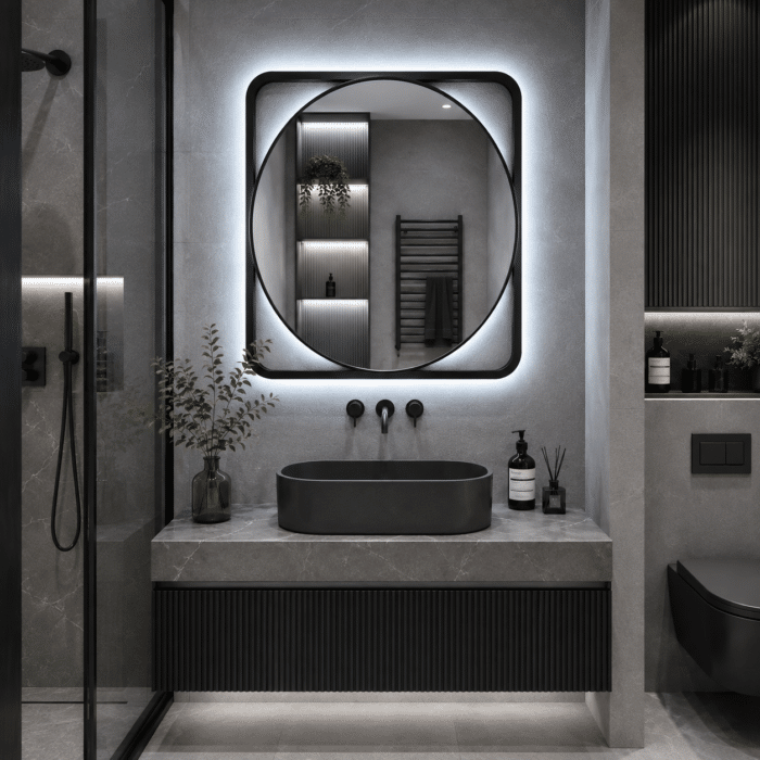 Oglindă LED 70×70 cm cu Ramă Neagra, Shark Design, Iluminare Spate, Dezaburire, Touch, 3 Tipuri de Lumină, IP65 - imagine 4