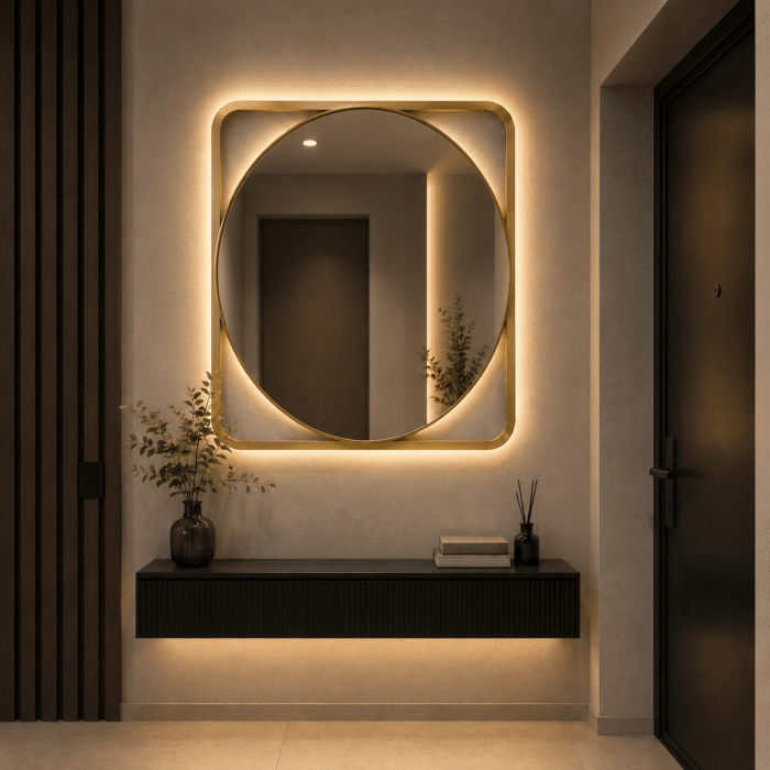 Oglindă LED 70×70 cm cu Ramă Aurie, Shark Design, Iluminare Spate, Dezaburire, Touch, 3 Tipuri de Lumină, IP65 - imagine 7