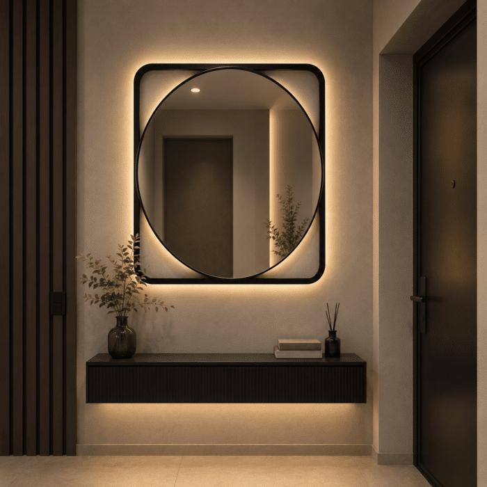 Oglindă LED 70×70 cm cu Ramă Neagra, Shark Design, Iluminare Spate, Dezaburire, Touch, 3 Tipuri de Lumină, IP65 - imagine 5