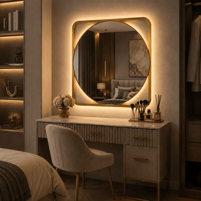 Oglindă LED 70×70 cm cu Ramă Aurie, Shark Design, Iluminare Spate, Dezaburire, Touch, 3 Tipuri de Lumină, IP65 - imagine 3