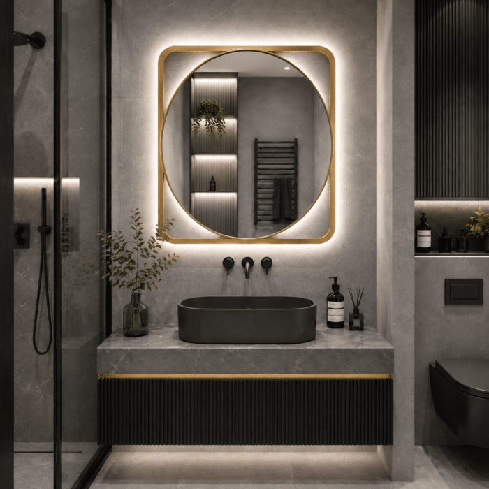 Oglindă LED 70×70 cm cu Ramă Aurie, Shark Design, Iluminare Spate, Dezaburire, Touch, 3 Tipuri de Lumină, IP65 - imagine 6