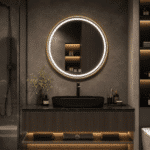 Oglindă LED 80×80 cm cu Ramă Auriu Periat, Shark Design, Iluminare Față + Spate, Dezaburire, Touch, 3 Tipuri de Lumină, IP65 - imagine 4