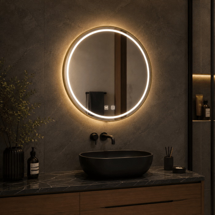 Oglindă LED 80×80 cm cu Ramă Auriu Periat, Shark Design, Iluminare Față + Spate, Dezaburire, Touch, 3 Tipuri de Lumină, IP65 - imagine 2