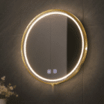 Oglindă LED 80×80 cm cu Ramă Auriu Periat, Shark Design, Iluminare Față + Spate, Dezaburire, Touch, 3 Tipuri de Lumină, IP65
