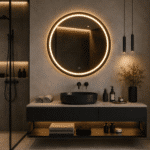 Oglindă LED 80×80 cm cu Ramă Neagră, Shark Design, Iluminare Față + Spate, Dezaburire, Touch, 3 Tipuri de Lumină, IP65 - imagine 2