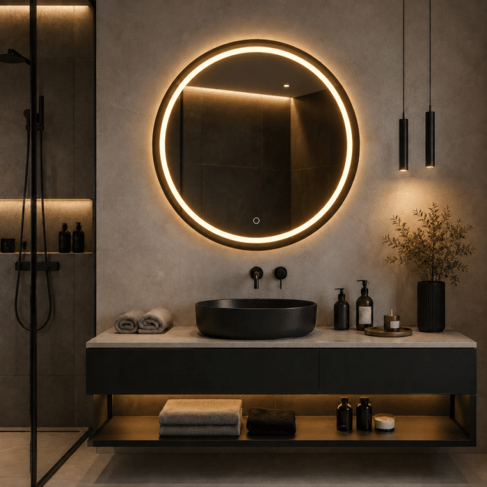 Oglindă LED 80×80 cm cu Ramă Neagră, Shark Design, Iluminare Față + Spate, Dezaburire, Touch, 3 Tipuri de Lumină, IP65 - imagine 2