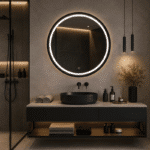 Oglindă LED 80×80 cm cu Ramă Neagră, Shark Design, Iluminare Față + Spate, Dezaburire, Touch, 3 Tipuri de Lumină, IP65