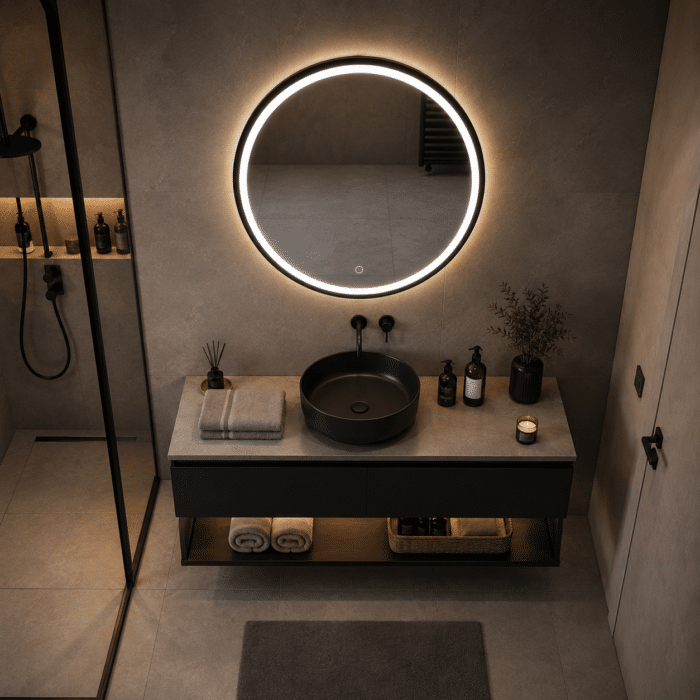 Oglindă LED 80×80 cm cu Ramă Neagră, Shark Design, Iluminare Față + Spate, Dezaburire, Touch, 3 Tipuri de Lumină, IP65 - imagine 4