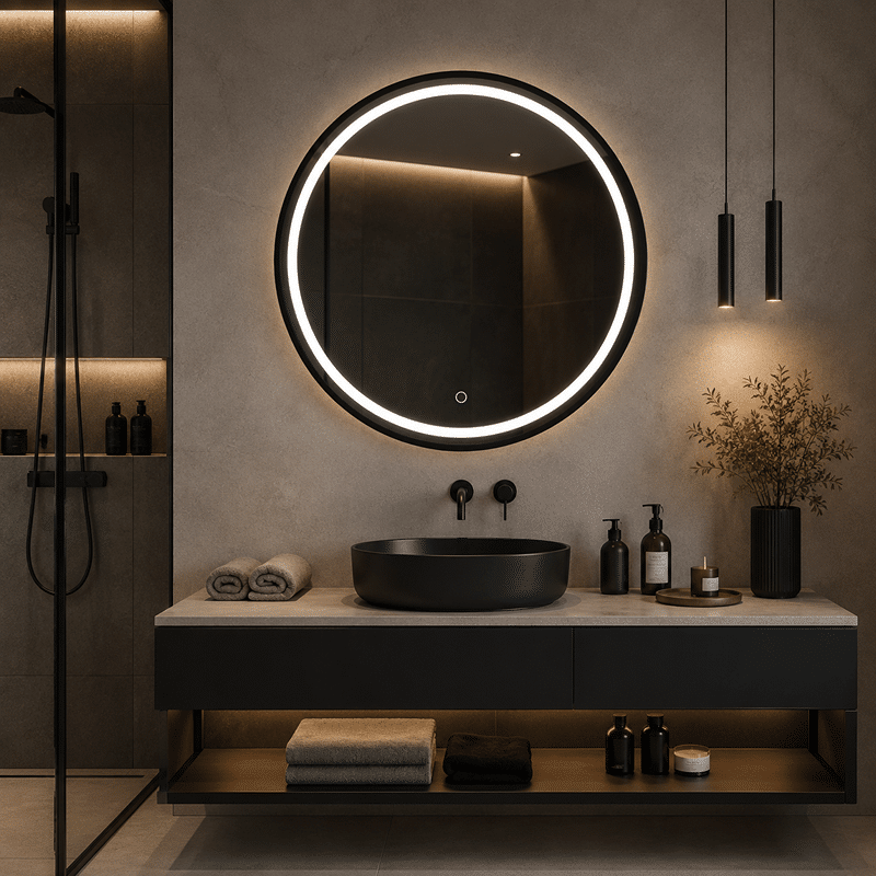 Oglindă LED 80×80 cm cu Ramă Neagră, Shark Design, Iluminare Față + Spate, Dezaburire, Touch, 3 Tipuri de Lumină, IP65 Oglindă LED 80×80 cm cu Ramă Neagră, Shark Design, Iluminare Față + Spate, Dezaburire, Touch, 3 Tipuri de Lumină, IP65 - imagine 1