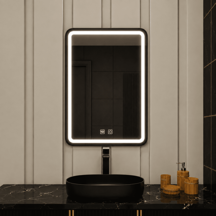 Oglindă LED Dreptunghiulară 60×90 cm, cu Ramă Neagră , Dezaburire, 3 Tipuri de Lumină, Touch, Model Shark Black - imagine 3