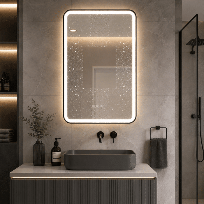 Oglindă LED Dreptunghiulară 60×90 cm, cu Ramă Neagră , Dezaburire, 3 Tipuri de Lumină, Touch, Model Shark Black - imagine 2