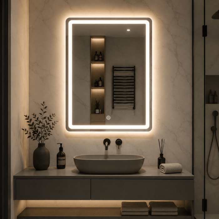 Oglindă LED Dreptunghiulară Shark Design 60×80 cm, Dezaburire, Touch, 3 Tipuri de Lumină - imagine 3