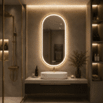 Oglindă LED Ovală 50×80 cm cu Ramă Auriu Periat, Model Shark Design, Dezaburire, 3 Tipuri de Lumină, Touch, IP65