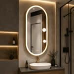Oglindă LED Ovală 60×80 cm cu Ramă Auriu Periat, Model Shark Design, Dezaburire, 3 Tipuri de Lumină, Touch, IP65