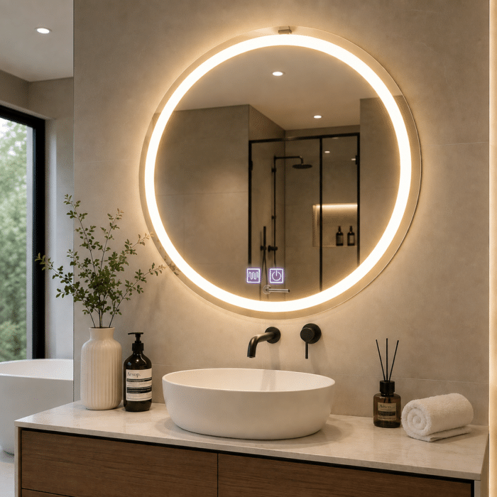 Oglindă LED Rotundă 70×70 cm, Model Shark Design, Dezaburire, 3 Tipuri de Lumină, Touch, IP65 - imagine 2
