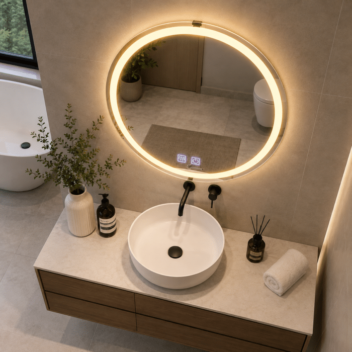 Oglindă LED Rotundă 70×70 cm, Model Shark Design, Dezaburire, 3 Tipuri de Lumină, Touch, IP65 - imagine 3