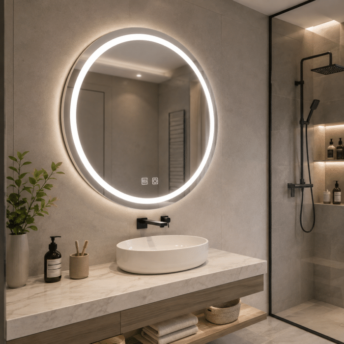 Oglindă LED Rotundă 70×70 cm, Model Shark Design, Dezaburire, 3 Tipuri de Lumină, Touch, IP65 - imagine 4