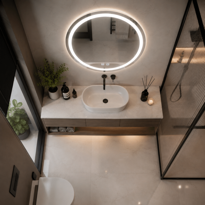 Oglindă LED Rotundă 70×70 cm, Model Shark Design, Dezaburire, 3 Tipuri de Lumină, Touch, IP65 - imagine 5