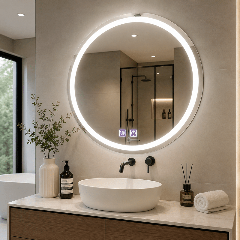 Oglindă LED Rotundă 70×70 cm, Model Shark Design, Dezaburire, 3 Tipuri de Lumină, Touch, IP65 Oglindă LED Rotundă 70×70 cm, Model Shark Design, Dezaburire, 3 Tipuri de Lumină, Touch, IP65 - imagine 1