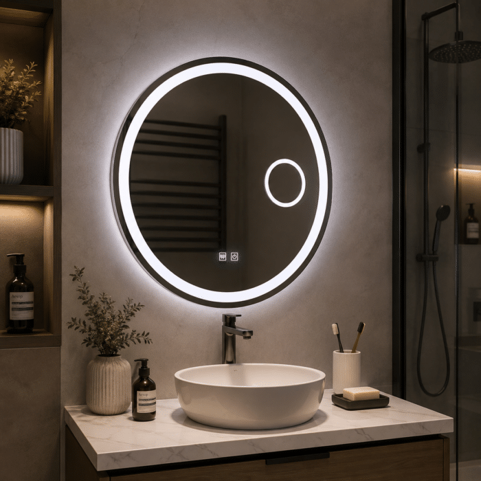 Oglindă LED Rotundă 80×80 cm, cu Lupa Cosmetica Model Shark Design, Dezaburire, 3 Tipuri de Lumină, Touch, IP65 - imagine 5
