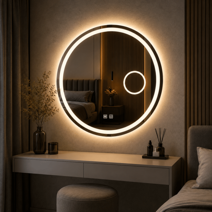 Oglindă LED Rotundă 80×80 cm, cu Lupa Cosmetica Model Shark Design, Dezaburire, 3 Tipuri de Lumină, Touch, IP65 - imagine 4