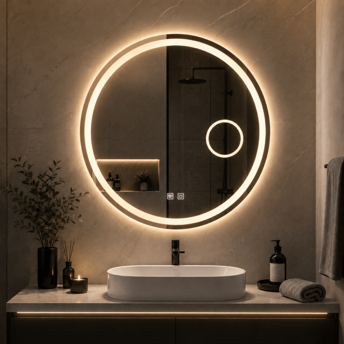 Oglindă LED Rotundă 70×70 cm, cu Lupa Cosmetica Model Shark Design, Dezaburire, 3 Tipuri de Lumină, Touch, IP65 - imagine 2