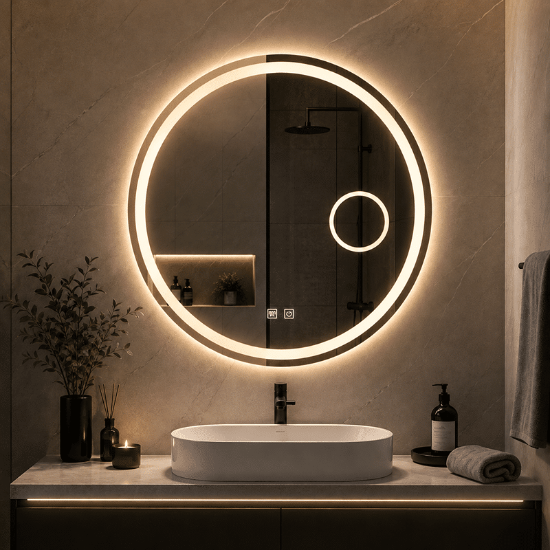 Oglindă LED Rotundă 80×80 cm, cu Lupa Cosmetica Model Shark Design, Dezaburire, 3 Tipuri de Lumină, Touch, IP65 Oglindă LED Rotundă 80×80 cm, cu Lupa Cosmetica Model Shark Design, Dezaburire, 3 Tipuri de Lumină, Touch, IP65 - imagine 1